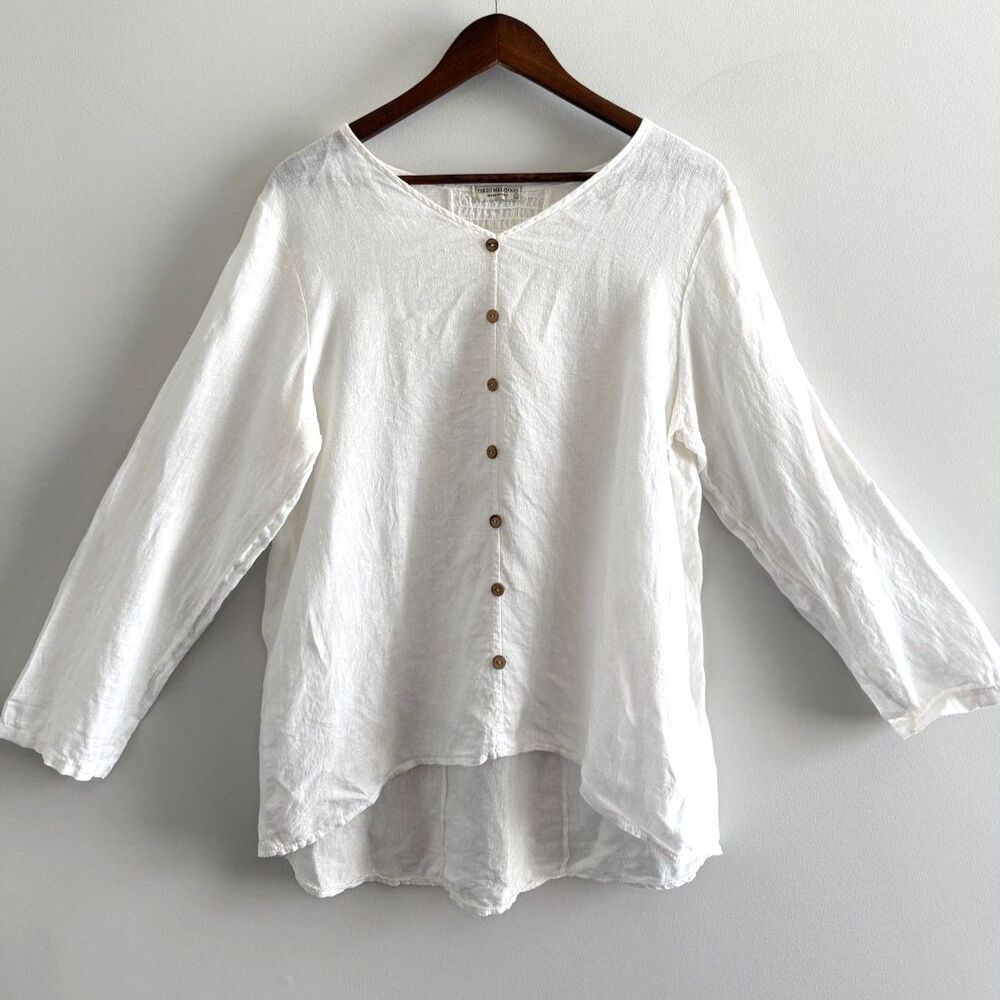 Trevo Millennio White Linen Button Front Blouse Made in Italy Lightweight Large